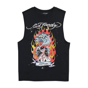 Black Ed Hardy Fire Tiger Mens Cut Off Tee | ETASXRI-06