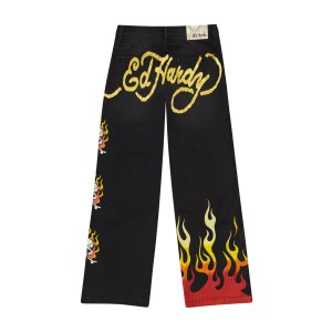 Black Ed Hardy Limited Edition Fire Skull Wide Leg Jean | SDZBCAQ-39