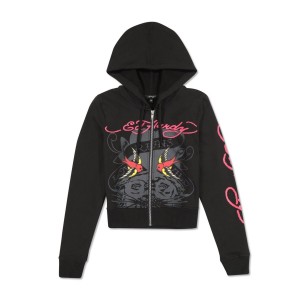 Black Ed Hardy Tiger Swallow Cropped Zip Fleece Hoodie | TZDGMVE-08