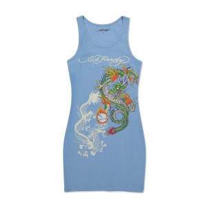 Blue Ed Hardy Dragons Rib Tank Dress | OYQJHLI-95