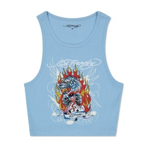 Blue Ed Hardy Rhinestone Fire Tiger Rib Knit Tank | PABJGFZ-52