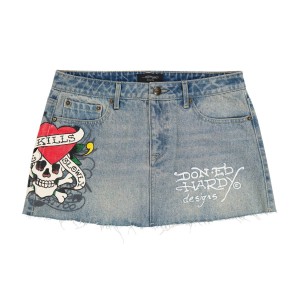 Light Wash Ed Hardy LKS Skull Denim Mini Skirt | YSFCWGK-89