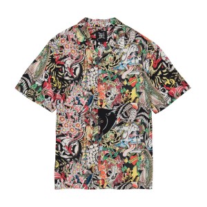 Multicolor Ed Hardy Tattoo Collage Camp Shirt | IYOMWVL-76
