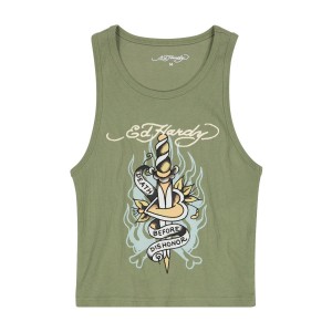 Olive Ed Hardy Death Before Dishonor Dagger Rib Tank Top | TWLVYQR-87