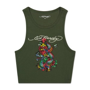 Olive Ed Hardy Dragon Heart Rib Knit Tank | DIQJPMZ-85