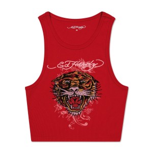 Red Ed Hardy Rhinestone Tiger Rib Knit Tank | PMUAGQY-49