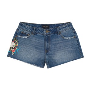 Retro Medium Ed Hardy Flame Skull Denim Shorts | WXFJPZK-69