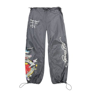 Silver Ed Hardy LKS Skull Nylon Parachute Pants | UCXZPAR-34
