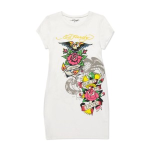 White Ed Hardy Rose Baby Tee Short Sleeve Dress | TAOEICY-06