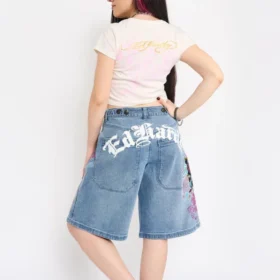 Flower Diamond Embroidered Denim Shorts